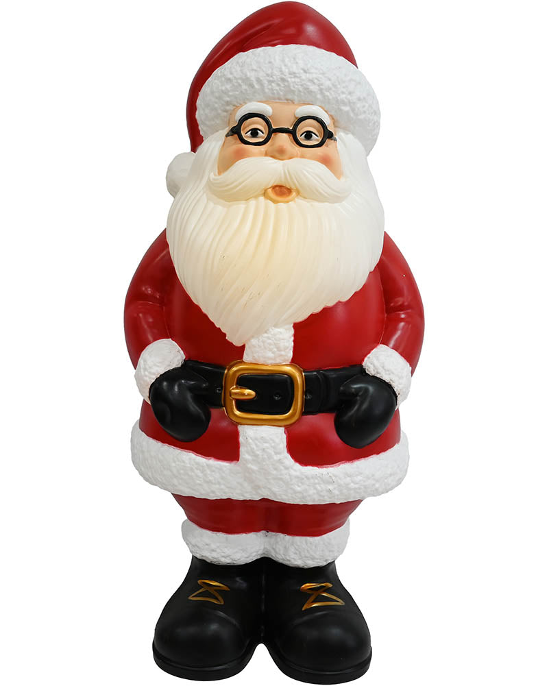 A Santa Claus garden gnome figurine with a red suit, white beard and trim, black belt with a gold buckle, and black boots, shown against a plain white background.