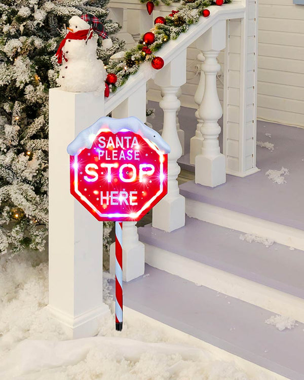 Santa Stop Here Sign Multi Base LED Christmas Lawn Decoration 1m