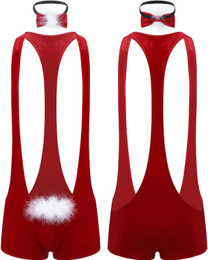 Santa Wrestling Suit with Bow Tie Gift Box Mankini Mens Christmas Costume