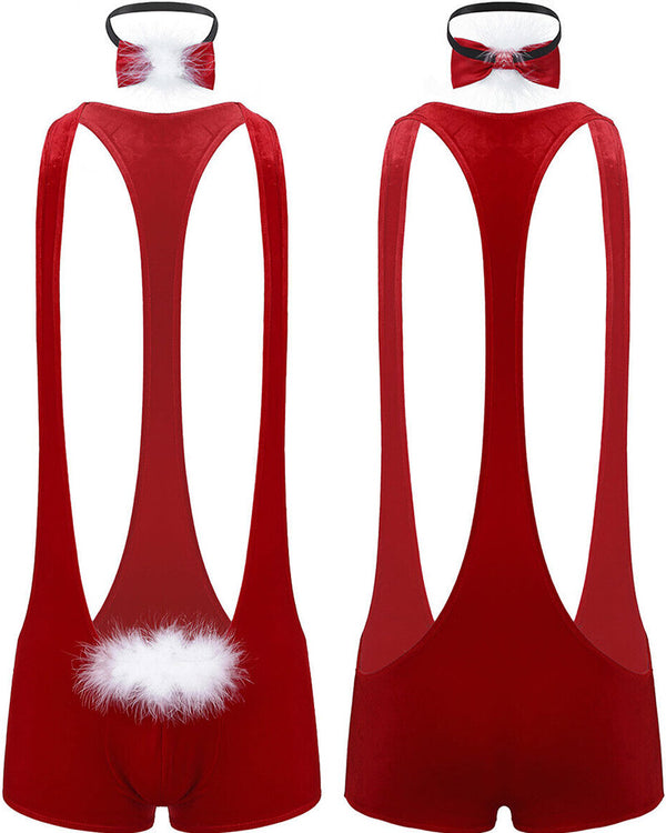 Santa Wrestling Suit with Bow Tie Gift Box Mankini Mens Christmas Costume