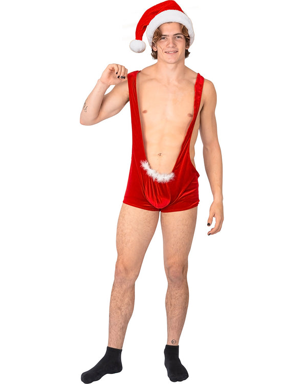 Santa Wrestling Suit with Bow Tie Gift Box Mankini Mens Christmas Costume