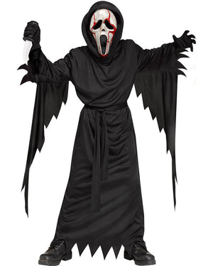Halloween Scream bleeding Ghost Face costume with black robe and mask on a white background