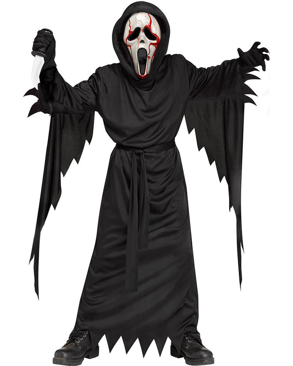 Halloween Scream bleeding Ghost Face costume with black robe and mask on a white background
