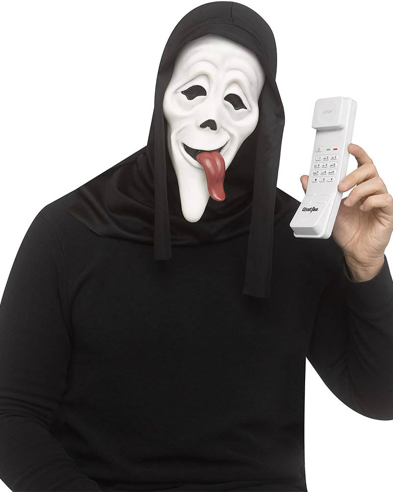 Person wearing a white mask with a black hood, holding a white phone, with 'Scary Movie' branding.