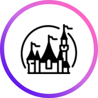 Black castle icon with flags inside a purple circle. Shop Disney.