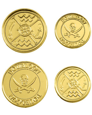 Four gold doubloon coins with pirate-themed designs on a white background
