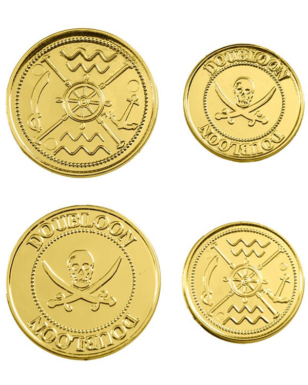 Four gold doubloon coins with pirate-themed designs on a white background