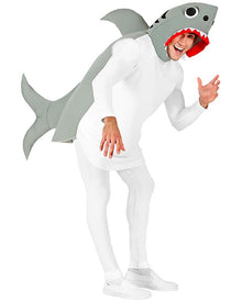 Person wearing a shark costume with a white body and gray fins on a white background