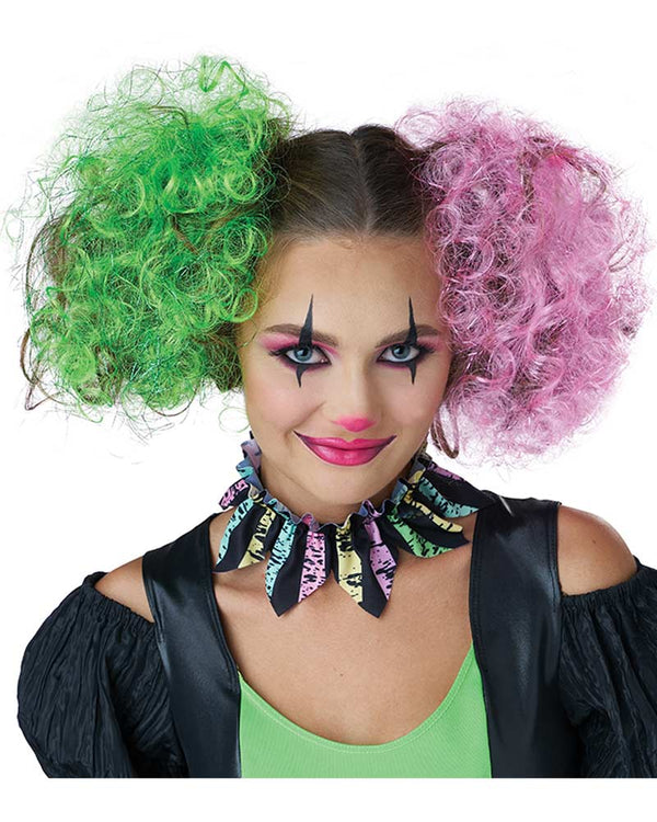 Shimmering Curly Clips Pink and Green Wig