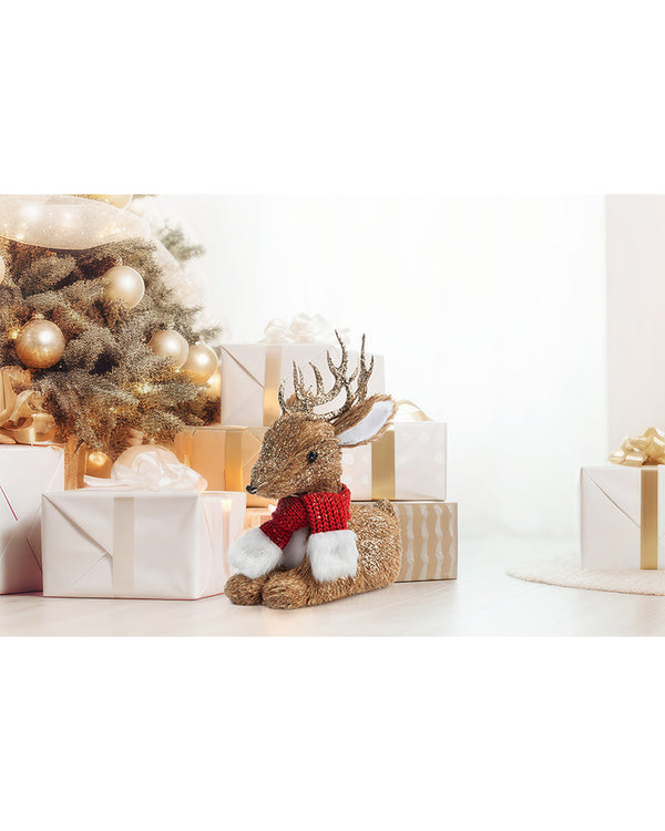 Sisal Sitting Reindeer with Red Scarf Christmas Decoration 31cm