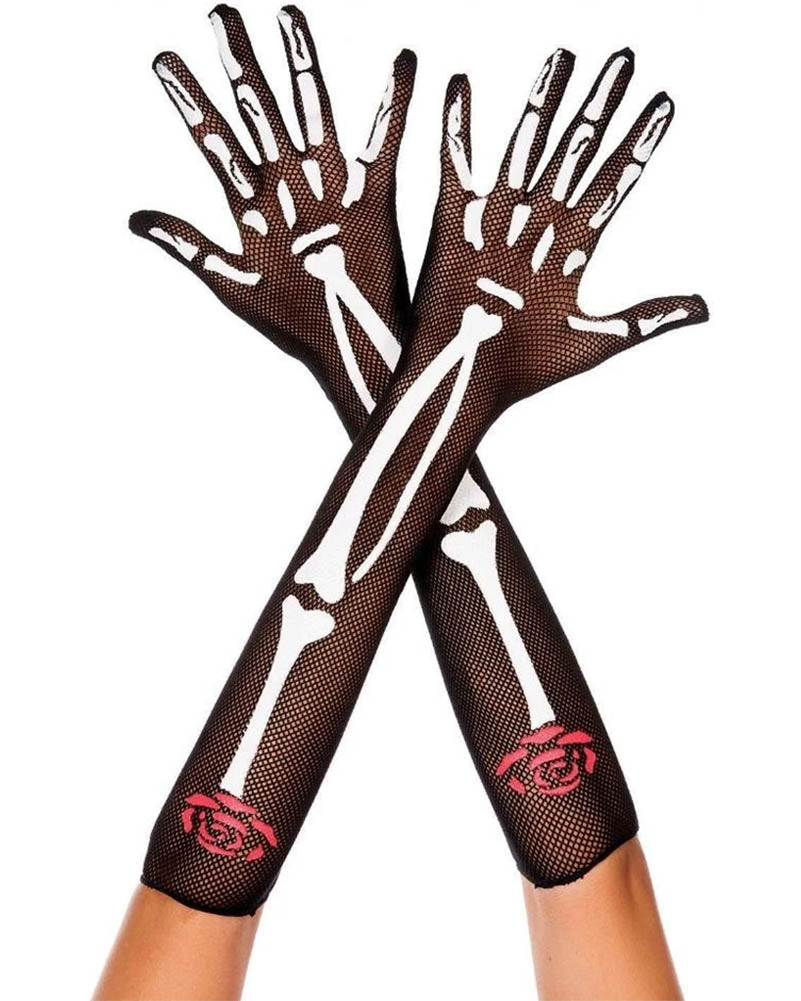 Black fishnet arm warmers with white skeleton bone print and red rose wrist accents, shown on a model's arms against a white background.