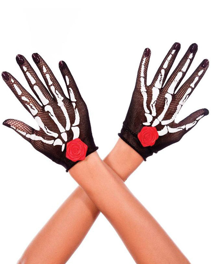 Skeleton and Rose Print Opaque Short Fishnet Gloves