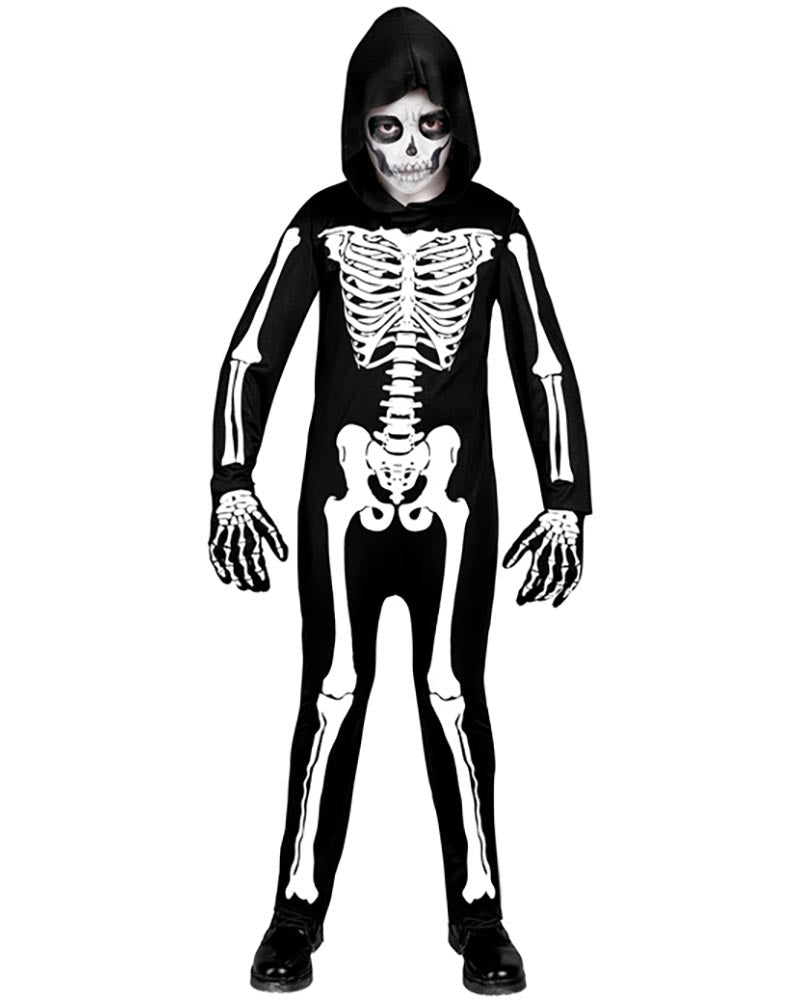 Skeleton costume with black and white design on a white background