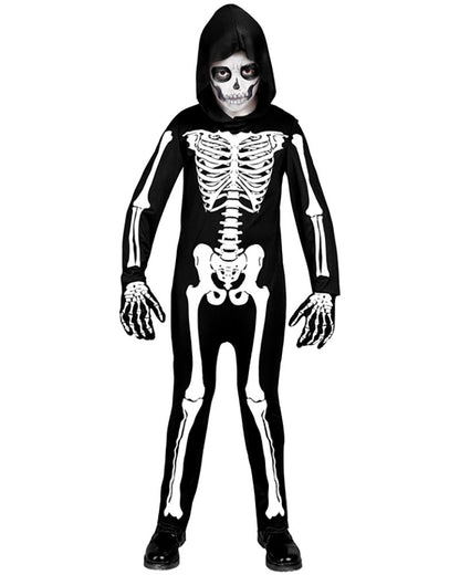 Skeleton costume with black and white design on a white background