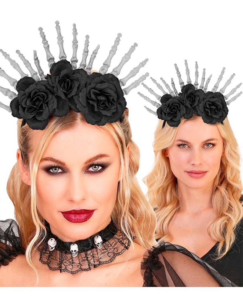 Skeleton Hands and Black Roses Headpiece