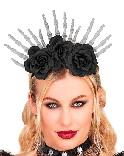Skeleton Hands and Black Roses Headpiece