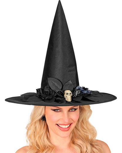 Skull Bow and Flowers Witch Hat