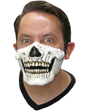 Person wearing a white skull mask with black interior on a white background