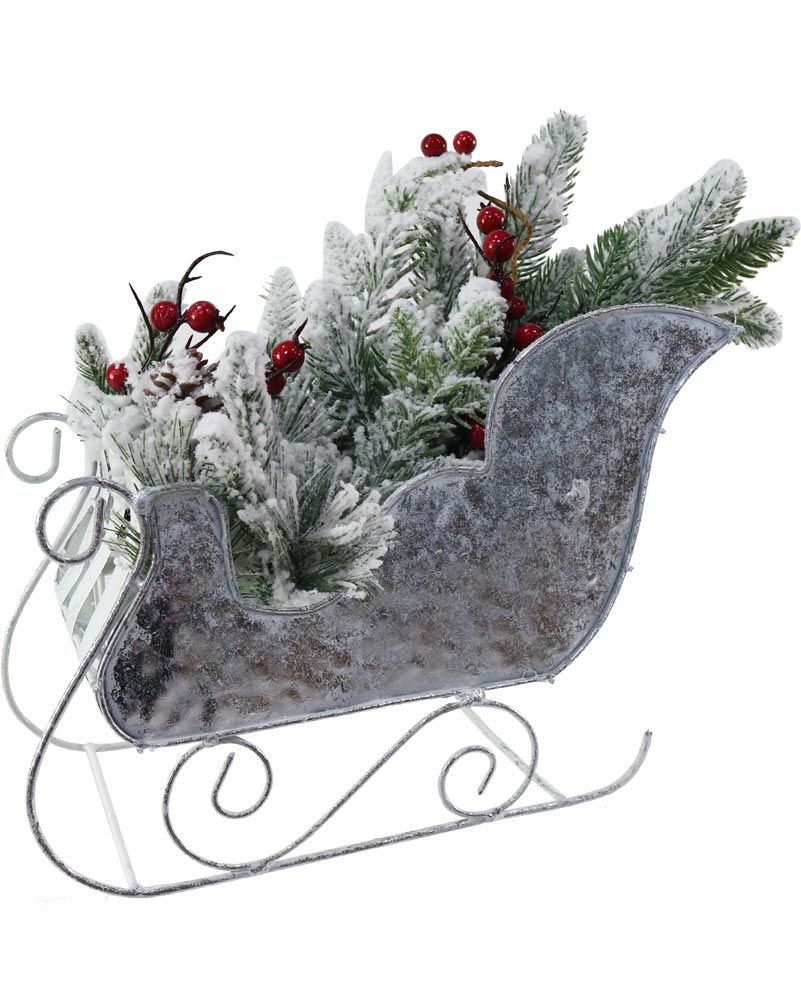 Christmas Snowy Metal Sleigh with Decoration 29cm