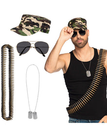 Soldier Cap Sunglasses Necklace and Bullet Belt Set