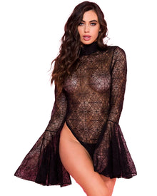 Spider Web Lace Flare Sleeves Bodysuit Womens Halloween Costume