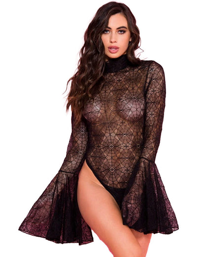 Spider Web Lace Flare Sleeves Bodysuit Womens Costume