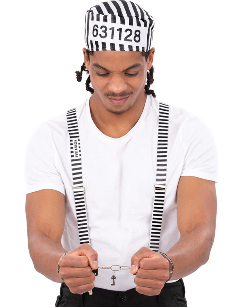 Striped Prisoner Suspenders Hat and Handcuffs Set
