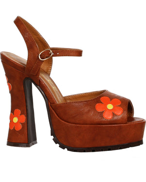 70s Tan Daisy Chunky Heel With Ankle Strap Premium Womens Shoes