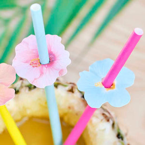 Tiki Tropics Hawaiian Paper Party Straws with Flower Toppers