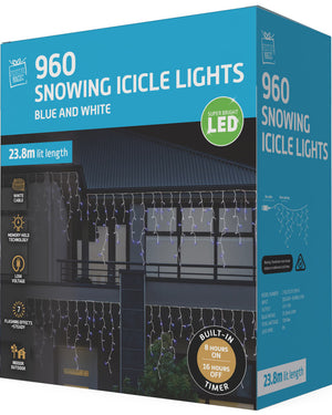 Timer Blue and White 960 Piece Snowing Icicle Christmas Lights 23.8m