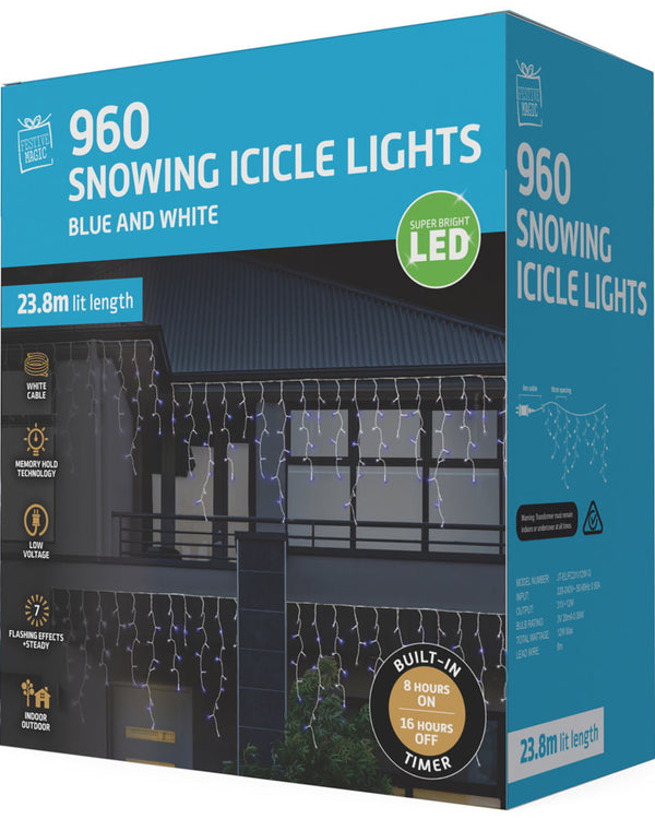 Timer Blue and White 960 Piece Snowing Icicle Christmas Lights 23.8m