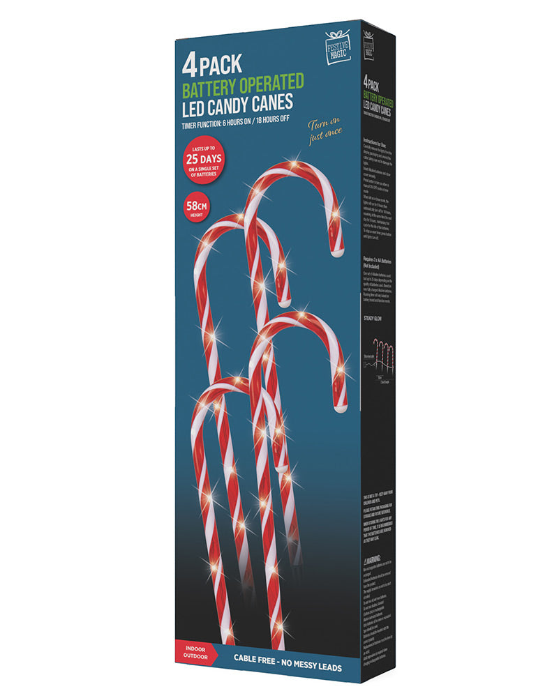 Timer Christmas LED Candy Cane Stakes 58cm Pack of 4