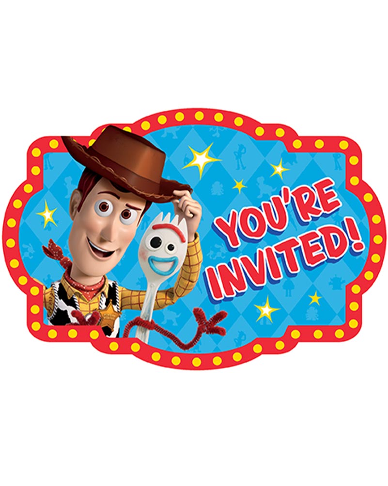 A Toy Story-themed party invitation sign featuring Woody holding Forky, with the text 'YOU'RE INVITED!' on a blue starry background and a red border with yellow dots.