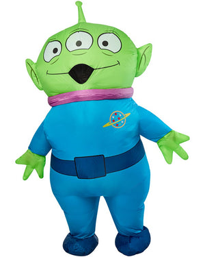 Inflatable Toy Story alien costume with blue suit and green head on a white background.
