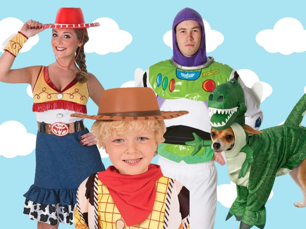 A blue background with white clouds. featuring 4 Toy Story Costumes. Click to shop all Toy Story.