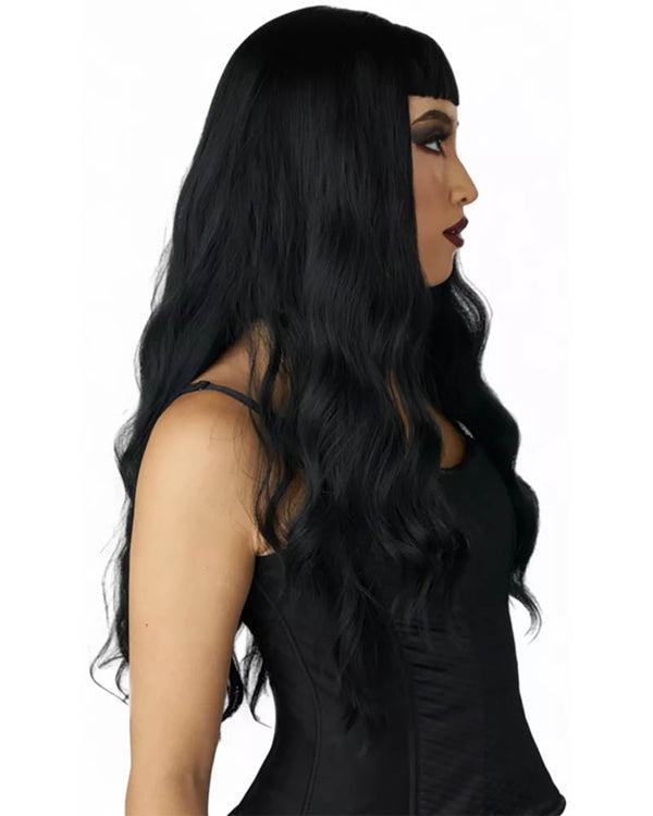 Trad Goth Long Black Wavy Wig with Micro Bangs
