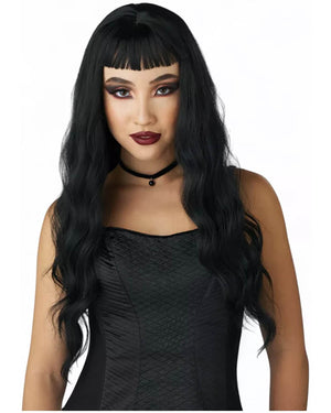 Trad Goth Long Black Wavy Wig with Micro Bangs