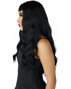Trad Goth Long Black Wavy Wig with Micro Bangs