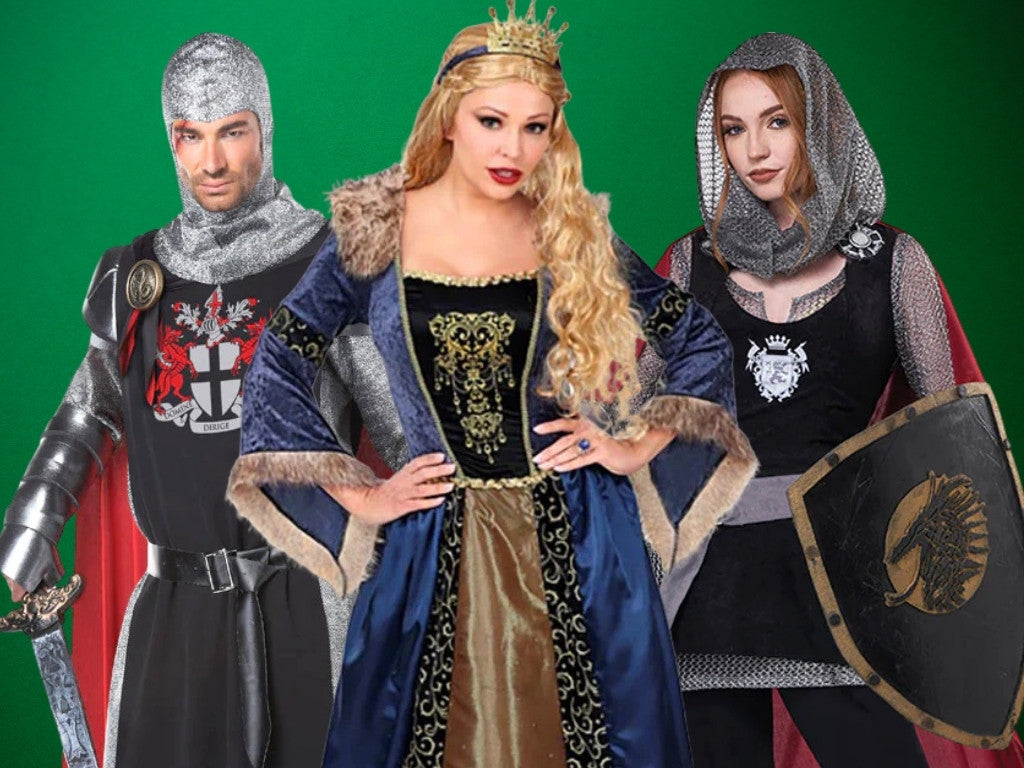 Three people in medieval costumes against a green background. Shop medieval and renaissance.