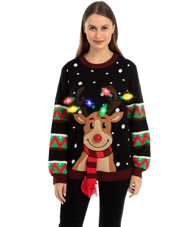 Ugly Reindeer with Light Bulbs Black Deluxe Adult Christmas Sweater