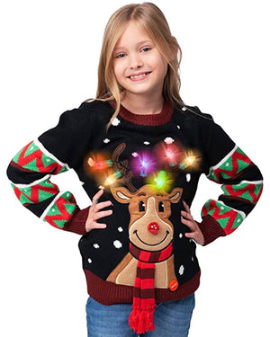 Ugly Reindeer Black with Light Bulbs Deluxe Kids Christmas Sweater