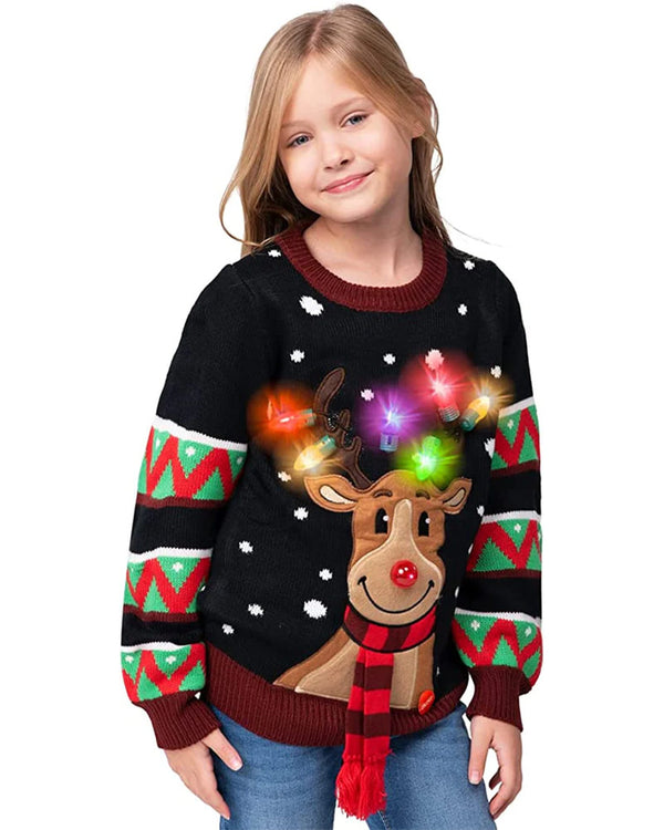 Ugly Reindeer Black with Light Bulbs Deluxe Kids Christmas Sweater