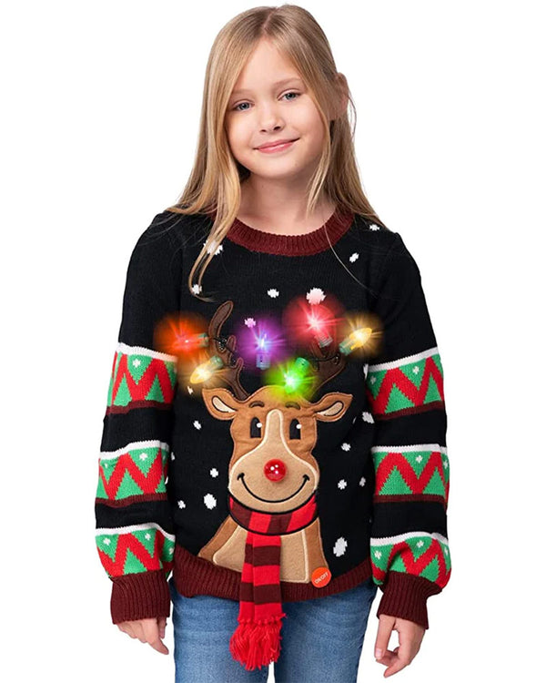 Ugly Reindeer Black with Light Bulbs Deluxe Kids Christmas Sweater