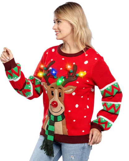 Ugly Reindeer with Light Bulbs Deluxe Adult Christmas Sweater