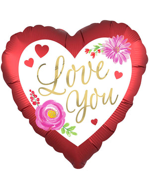 Valentines Day Love You Satin Watercolour Floral 45cm Foil Balloon