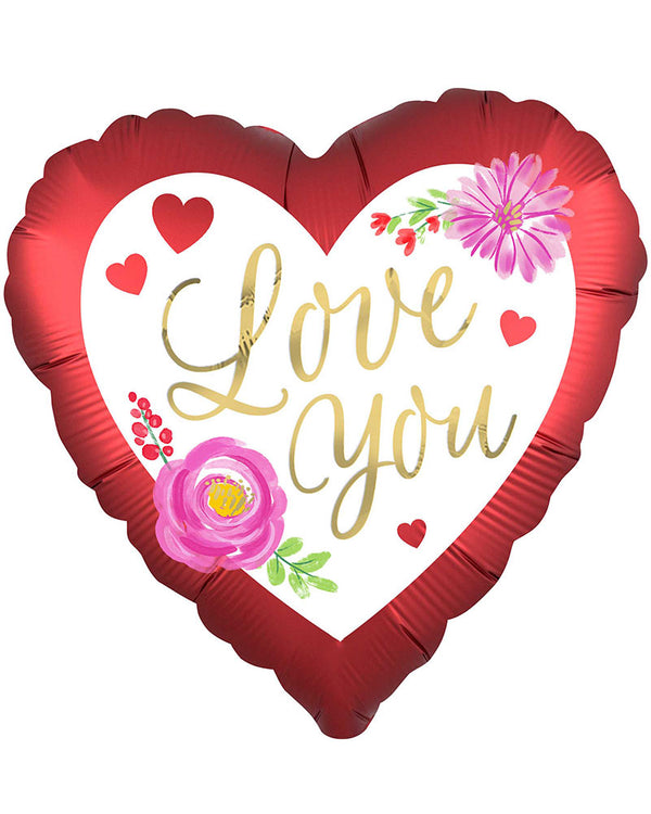 Valentines Day Love You Satin Watercolour Floral 45cm Foil Balloon