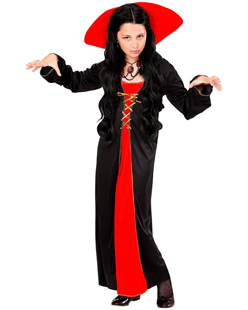 Person wearing a black and red costume with a long dress and high collar on a white background