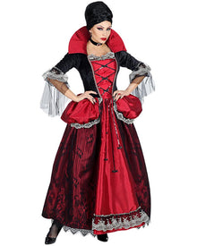 Woman wearing a red and black costume with a white background