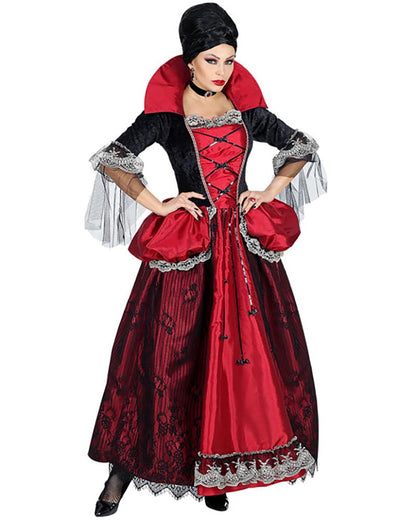Woman wearing a red and black costume with a white background