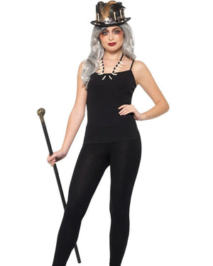 Voodoo Feather Top Hat Detachable Skull Cane and Bone Necklace Set
